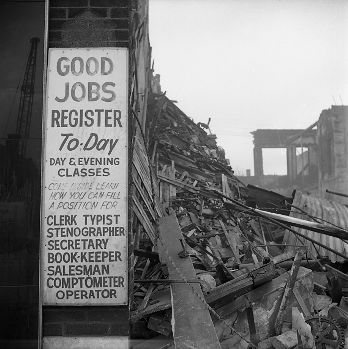 Vivian Maier, "Good Jobs" Sign, Demolition Site, Chicago, 1968